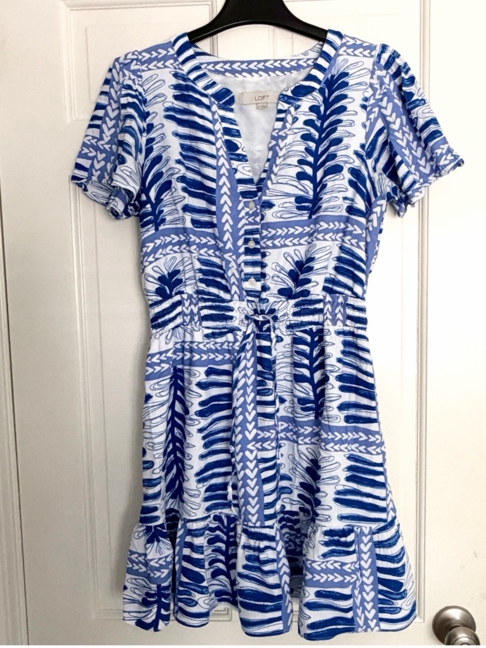 LOFT Blue & White Short Sleeve Printed Mini Dress with Waist Tie